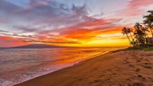 Kaanapali Beach West Shore Maui Sunset with orange and red tones
